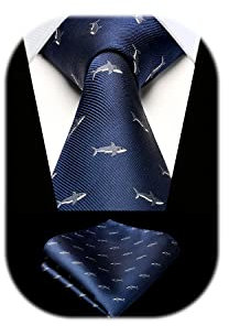 HISDERN Herren Navy blau Krawatten Haifisch Tiermuster Hochzeit Taschentuch Klassisch Business Krawatte und Einstecktuch Set