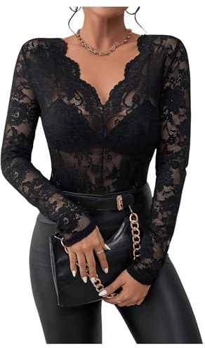 WDIRARA Women's Floral Embroidery Mesh Lace Round Neck Long Sleeve Top Scallop Trim Black L
