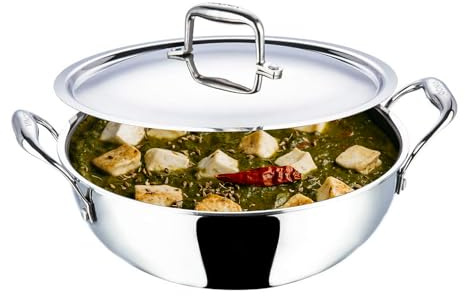 Vinod Platinum Triply Extra Deep Stainless Steel Wok Kadai Non-Stick Frying Pan with Lid Induction Compatible Kadhai Wok (18cm, 1.1 Litre)