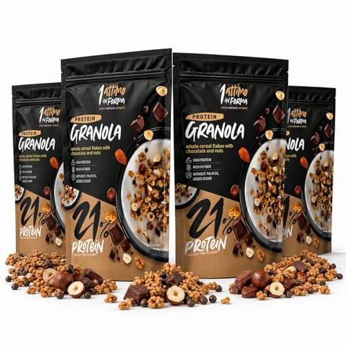 1 ATTIMO IN FORMA | Granola Proteica Cereali Muesli - 20% Proteine 300gr Senza Zuccheri Aggiunti Croccante Colazione Nutriente (Cioccolato Mandorla e Nocciola, 4 Pezzi)