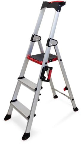 KELI - Échelle Pliable, Escabeau, Marchepied, Aluminium Robuste, Qualité Professionnelle, Poignée de Transport, Porte Outils ABS Dépliable… (3 MARCHES)