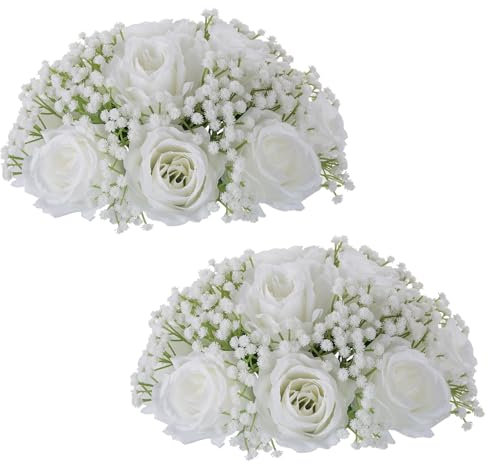 NUPTIO White Flowers Ball Centrepieces: 2 Pcs 22cm Diameter Decorative Artificial Rose Balls for Wedding Table - Fake Gypsophila Baby Breath Flower Arrangement for Party Reception