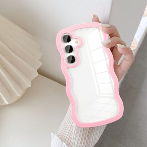 UEEBAI Clear Case for Samsung Galaxy A15 4G/5G,Cute Pretty Colorful Wave Frame Slim Fit Shockproof Phone Bumper Cover Translucent Soft Pretty Anti-Scratch Protective TPU Case - Pink