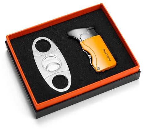 CIGARLOONG Cigar Lighter and Cutter Set,Stainless Steel Lighter and Sharp Cigar Cutter with 2 Punch Opener Gift Box,without gas(Yellow)