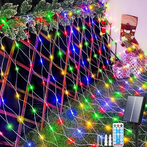 Aofonchy Solar Net Lights Outdoor, 1.5 * 1.5M 96 LED Net Fairy Light with Remote, Weatherproof Fairy Mesh Lights, 8 Modes 4.9 * 4.9FT NetLights Solar for Christmas Garden Bushes Fence Party Decor