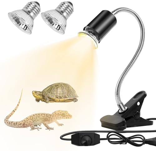 Udbrud Lámpara para Reptiles y Anfibios con 2 Bombillas 50W UVA UVB, Giratoria 360° para Tortugas, Lagartos, Serpientes y Camaleones