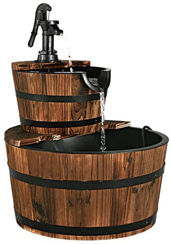 SOARS Gartenbrunnen 2-stufig, Springbrunnen mit Wasserpumpe & einstellbarem Wasserdurchfluss, Wasserbrunnen Holz Design, Zimmerbrunnen, Gartendeko für außen Balkon Terrasse