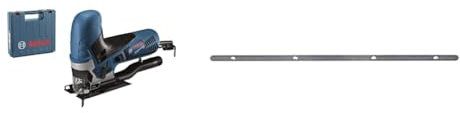 Bosch Professional Stichsäge GST 90 E (Leistung 650 Watt, 1x Sägeblatt, Absaug-Set, Spanreißschutz, Schnitttiefe in Holz: 90 mm, Handwerkoffer) + Verbindungsstück für 2 Führungsschienen