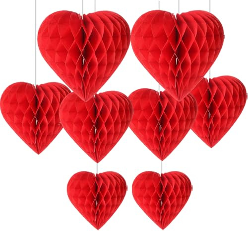 CKCSHI 8pcs Heart Honeycomb Balls, Red Paper Hanging Decorations for Valentine's Day, Romantic Occasions