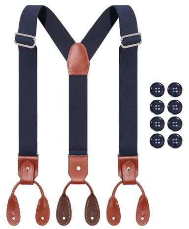 Kajeer Genuine Leather Braces for Men - Button End Braces for Men's Trousers - Adjustable Elastic Suspenders - Y-Shape - Navy