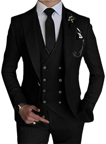 Mode män enkelt spänne smal passform bröllopskostym 3-delat set blazers jacka väst byxor set, Svart knapp svart, L