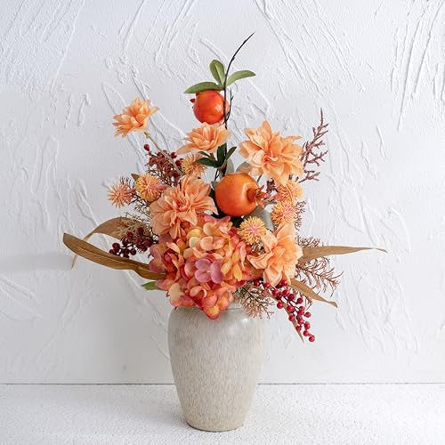 SUNNY BROOK Artificial Hydrangea with Vase, Orange Silk Fake Flowers with Pomegranate Berries, Faux Flower in Vase, Arrangement for Home Autumn Décor Dining Table Decorations Coffee Table Décor