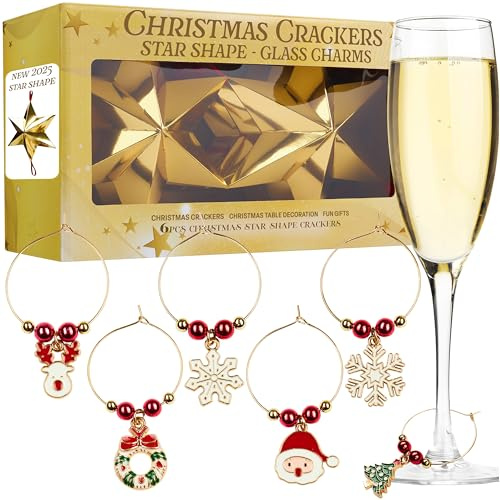 KreativeKraft Luxury Pop Christmas Crackers with Wine Glass Charms, 6 Pack | Deluxe Star-Shaped Xmas Crackers with Festive Glass Markers, Paper Hats and Jokes, Fun Novelty Xmas Table Decor