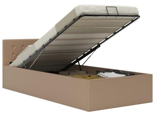 Teenpull Hydraulisk förvaringssäng, cappuccino-brun konstläder, 90 x 200 cm, klädselsäng med gasfjädermekanism, perfekt för sovrum