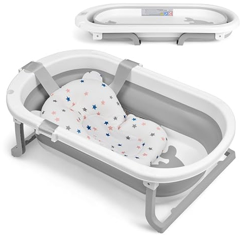 KikkaBoo Vaschetta Bagnetto Neonato Pieghevole WILLY, Salvaspazio con Termometro Integrato, Cuscino Morbido di Supporto, Gambe Antiscivolo, 0-36 Mesi, Regalo Nascita Bambino, Grigio