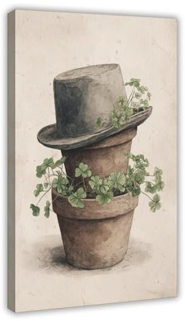 UZWGG 1pcs Framed St. Patrick's Day Hat Picture Wall Decor Prints Rustic Farmhouse Clover Basin Wall Art Irish Painting Vintage Gift for Restaurant Kitchen Decor Wrapped Canvas 12x18inch(30x45cm)