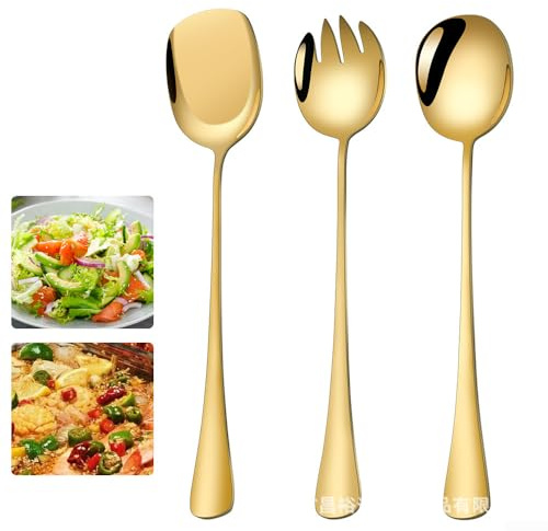 Set di utensili da portata in acciaio inox, resistenti al calore, con manico allungato, cucchiaio e forchetta per servire cibi caldi (oro)