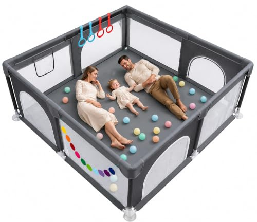 Baby Playpen for Baby and Toddlers - 125*125cm Durable Large Baby Play Pen with Anti-Slip Sucker, Zipper, Balls | Safety Baby Fence with Visible Tear-Resistant Mesh| Foam Protection| Easy of Assembly