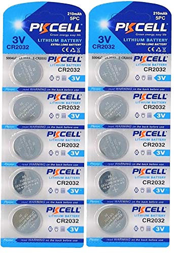 PKCELL Lot de 10 piles bouton lithium CR2032 3 V 210 mAh (2 plaquettes alvéolées à 5 piles chacune)