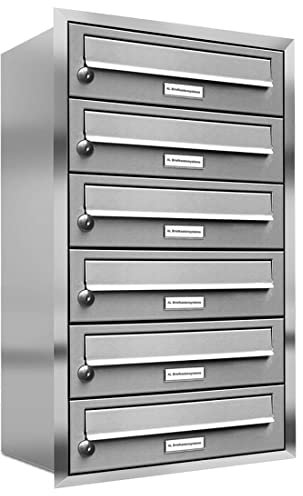 AL Briefkastensysteme, 6er Unterputzbriefkasten, Briefkasten rostfrei, 6 Fach Briefkastenanlage modern, Edelstahl Postkasten