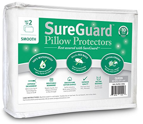Set of 2 Queen Size SureGuard Pillow Protectors - 100% Waterproof, Bed Bug Proof, Hypoallergenic - Premium Zippered Cotton Covers - Smooth