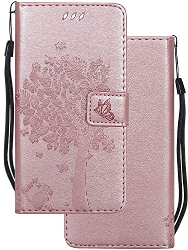 LEMORRY pour Huawei Mate 10 Pro Etui Cuir Portefeuille Pochette Mince Bumper Protecteur Magnétique Fente Carte Silicone TPU Housse Flip Cover Coque pour Huawei Mate 10 Pro, Chanceux Arbre (Or Rose)