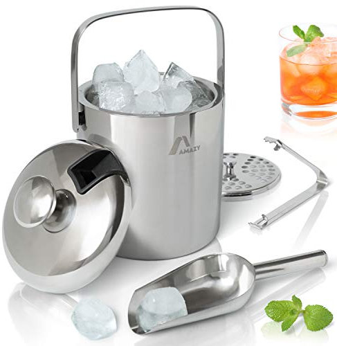 Amazy Secchiello Ghiaccio in Acciaio Inox a Doppia Parete Isolante con Coperchio, pinze, Pala e Filtro (1,3 Litri) – Secchio portaghiaccio da Barman con pareti isolanti