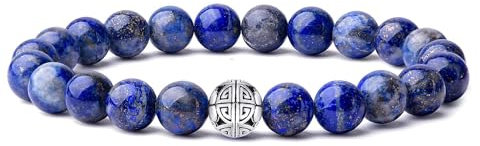 MetJakt Natürliche 8 mm Edelsteine Heilung Crystal Stretch Perlen Armband Armreif mit 925 Sterling Silber Double Happiness Anhänger (Lapislazuli)