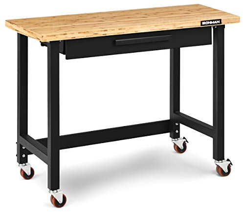 Goplus 48 Mobile Workbench, Bamboo Tabletop Workstation with Two Lockable Casters, Sliding Organizer Drawer, Weight Capacity 500 Lbs, Multipurpose Worktable