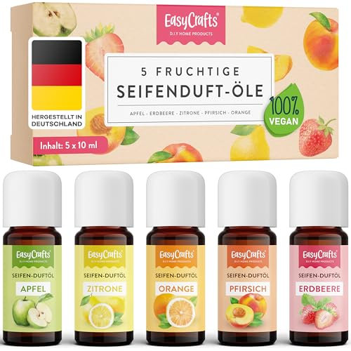 EasyCrafts® Seifenduftöl BIO - Seifen Duftöl Set aus 5 x 10 ml fruchtige Düfte zum Seife selber machen Set - Geeignet für die Seifenherstellung mit Glycerinseife & Shea-Butter - Vegan Made in Germany