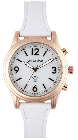Ladies Rose 9ct Gold Plated Radio-Controlled Talking Watch, Speaks Time & Date, Genuine White Leather Strap, 2 Year Guarantee, UKs No1 for Quality Service and Choice VLRC-200LW