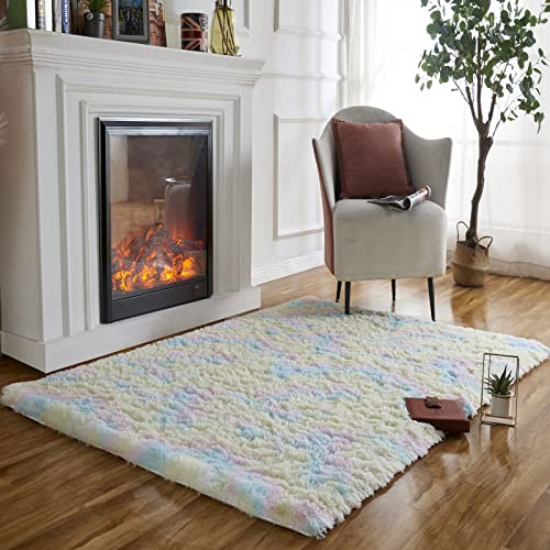 Obundi Hochflor Teppich,Flauschig Indoor Waschbarer Teppich Weicher Teppiche Regenbogen Tie-Dye Teppiche Wohnzimmer (Regenbogen,160x230cm)