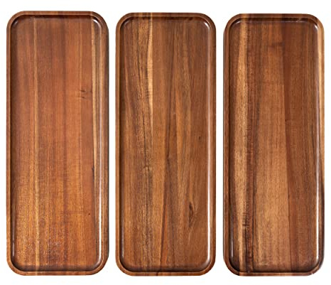 Large Solid Acacia Wood Serving Trays (17 x 6.5 inches) Rectangular Wooden Serving Platters for Home Decor, Food, Vegetables, Fruit, Charcuterie, Appetizer Serving Tray, Cheese Board (Set of 3 Plates)
