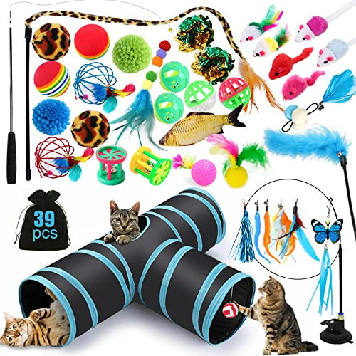 JOTOL Katzenspielzeug Set Mit Tunnel, 39-Teilig - Bälle, Federspielzeug, Plüschspielzeug, Spielzeugmäuse - Variety Pack für Kitty