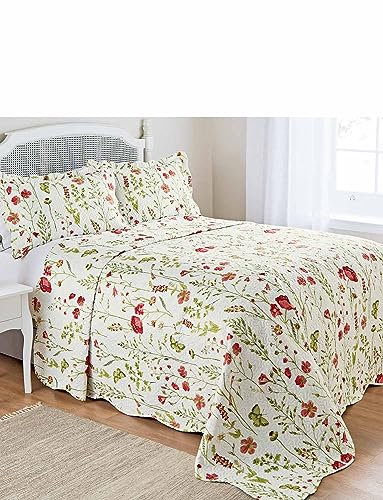 Emma Barclay Poppies Quilted Bedspread Throwover Floral White Poppy Bedding (King)