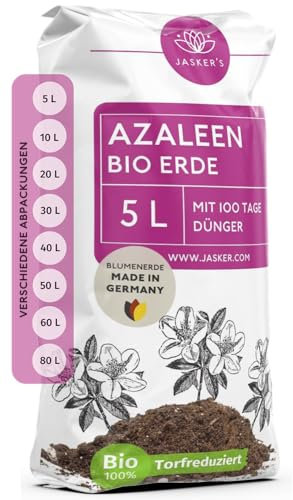 JASKER'S Bio Azaleenerde 5 L - Saure Erde mit 20% weniger Torf für Moorbeetpflanzen - Erde für Pflanzen mit Dünger - Moorbeeterde - Pflanzenerde mit saurem PH-Wert für Azaleen und Erika (Calluna)