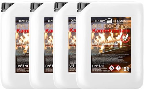 Bioéthanol 80 % Premium 20 l (4 x 5 l) – Avec effet grillage de cheminée, bioéthanol pour feu décoratif, cheminée de table, cheminée et feu décoratif de jardin pour l'intérieur et l'extérieur – Sans
