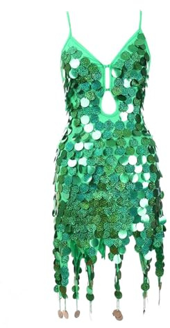 HKYBCF Sequin Fringe Dress Women Sequin Fish Scales Tassel Dress Belly Dance Performance Sparkly Dress Festival Clothes Rave Party Costume(Color:Green)