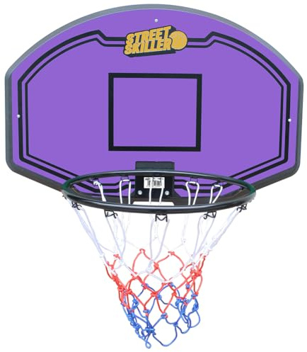 StreetkiLLER basketkorg med 43 cm diameter, bräda, flätat basketnät och väggfäste, inklusive monteringstillbehör. För barn och vuxna, inomhus- och utomhusbruk (lila/gul)