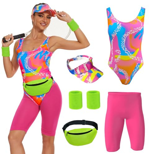 OPAEHJF Tenue d'entraînement des années 80 pour femmes – Maillot de bain, tenue Halloween et costume couple – Ensemble de 5 pièces