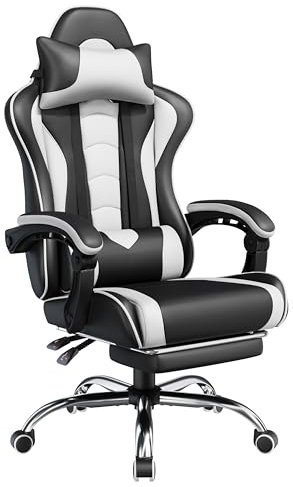 Yaheetech Silla de Oficina Silla Gaming con Reposapies Silla Ergonómica con Ruedas Silla Ordenador Ajustable Silla con Soporte Lumbar Capacidad MAX 136 KG Blanco