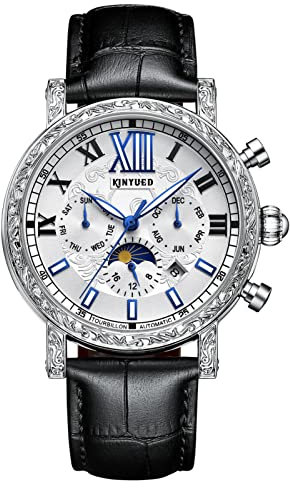 HFWXYSA Herren-Armbanduhr, mechanisch, automatisch, Chronograph Sport, klassische Business-Uhr, automatisch, analog, Silberfarben