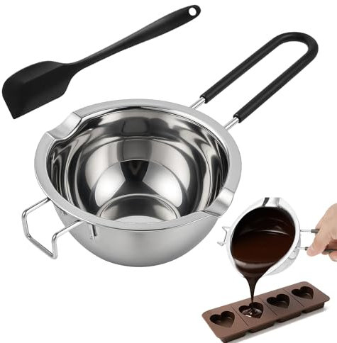 FHISKUNYU Pentola Fusione Acciaio Inox 304 400ml - Bagnomaria con Manicotto Antiustione & Spatola Blu per Cioccolato/Formaggio/Burro