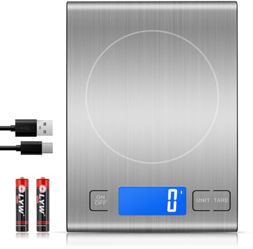 Bilancia Cucina Digitale Ricaricabile, [USB Carica-1g/15kg] Diyife Bilancia da Cucina, Alta Precisionee in Acciaio Inossidabile, Display LCD,Funzione Tare,per Culinario,Caffè,Gioielli,Batterie Incluse