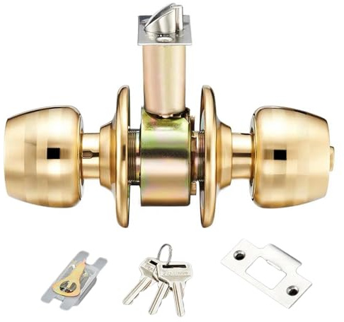 Qsvbeeqj Pomo de puerta de entrada con llave con acabado de latón pulido, diseños reversibles, instalación simple para pulido frontal e interior, perilla de puerta de latón