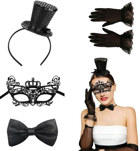 HUAEDNWKYI Cerchietto con Mini Cappello a Cilindro, Accessorio Elegante per Feste, Halloween, Carnevale, e Eventi Speciali, Include Fiocco, Maschera e Guanti di Pizzo