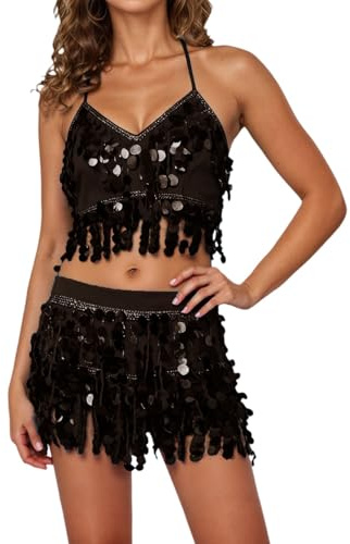 Gonna avvolgente a strati con frange di paillettes per spettacoli di danza del ventre e pratica latina, con elastico in vita e spacco laterale, Nero , Taglia unica