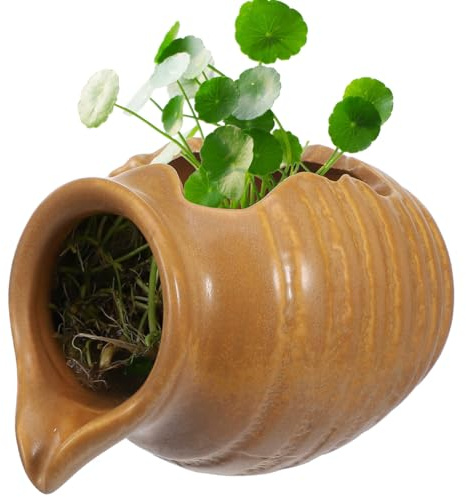 POPETPOP Pot Céramique pour Fontaine à Eau, Cascade Bassin Extérieur et Décoration Aquarium, Vase Hydroponique Relaxant pour Jardin Balcon et Intérieur, Brun Clair 12.4cm