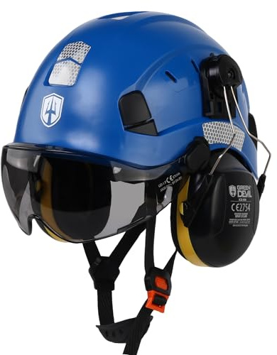 GREEN DEVIL Mervex Vent - Casco de seguridad 3 en 1 EN 397, casco de trabajo con visera (clara/tintada) y protección auditiva SNR 32 dB, casco industrial ABS 53-63 cm para obras forestales y trabajos