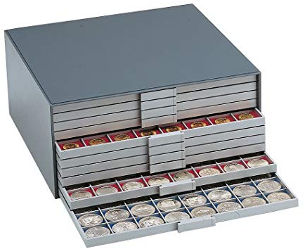Safe Albums Beba Coin Box Cabinet with 10 Trays for Hundreds of Coins with diameters from 22.5mm up to 93mm.